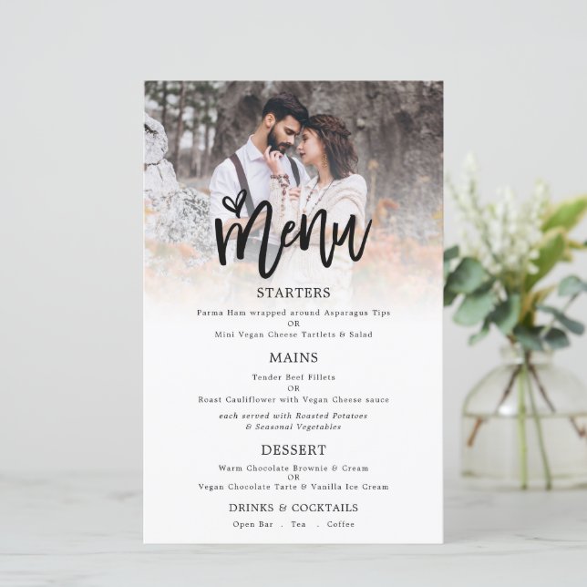 Budget Photo Artsy Script Wedding Menu (Standing Front)
