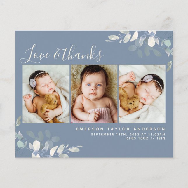 Budget Photo Baby Thank You Card | Blue Eucalyptus (Front)