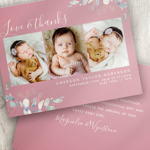 Budget Photo Baby Thank You Card Pink Eucalyptus