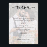 Budget Photo Background Script Wedding Menu Card<br><div class="desc">Modern Photo Transparent Overlay Script Wedding Menu.  An informal set typography in black for the main heading Menu complementing the rest of the text which you can easily personalise. Replace the sample photo which is tinted in the background with your own favourite.</div>