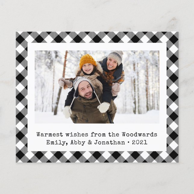 Budget Photo Black White Plaid Holiday Card (Front)
