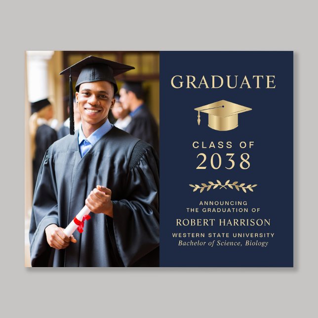 Budget Photo Blue Gold Graduation Announcement (An elegant college graduation announcement to celebrate the graduate's achievements)