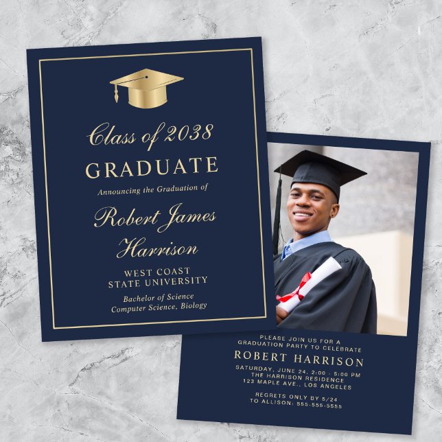 Budget Photo Blue Gold Graduation Party Invitation (An elegant college graduation party invitation to celebrate the graduate's achievements)