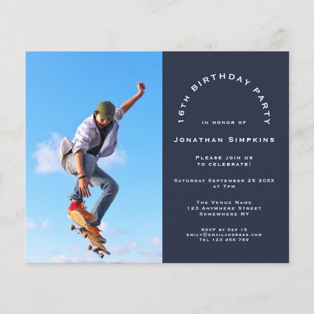 Budget Photo Boy 16th Birthday Party Navy Invite (Front)