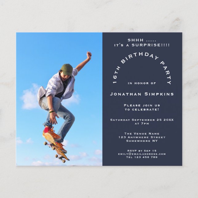 Budget Photo Boy 16th Surprise Party Navy Invite (Front)