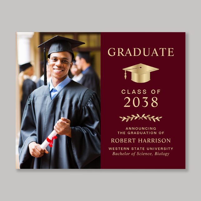 Budget Photo Burgundy Gold Graduation Announcement (An elegant college graduation announcement to celebrate the graduate's achievements)