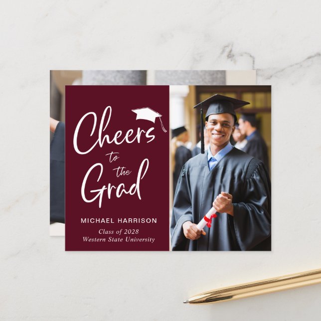 Budget Photo Burgundy Red Graduation Announcement (Front/Back In Situ)