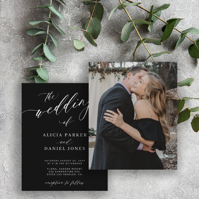 Budget photo chic script black wedding invitation (Creator Uploaded)