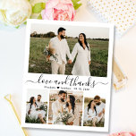 Budget Photo Collage Wedding Thank You Script Card<br><div class="desc">Budget, Modern, Elegant, Hand Lettered Wedding 4 Photo Collage Thank You Card in white and black. Stylish wedding thank you card template featuring four (4) photo on the front and one photo on the back. With the text "Love and thanks" in a swirly hand lettered typography script swash-tail font in...</div>