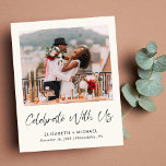 Budget Photo Cream Wedding Reception Invitation<br><div class="desc">Budget-friendly light cream elopement and smaller wedding announcement and post-wedding reception or party invitation. The front features your photo, "Celebrate With Us" in a chic script and your first names, wedding date and location in simple modern typography. On the reverse side, personalise your wedding or elopement announcement in more detail,...</div>