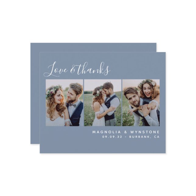 Budget Photo Dusty Blue Wedding Thank You Card (Front/Back In Situ)