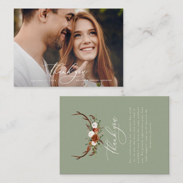 Budget photo elegant wedding thank you sage green  enclosure card (Front/Back)