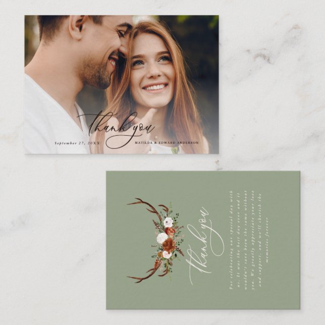 Budget photo elegant wedding thank you sage green enclosure card (Front/Back)