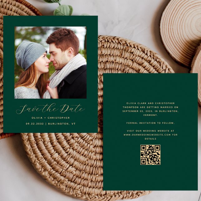 Budget Photo Emerald Green Gold QR Save the Date (Creator Uploaded)
