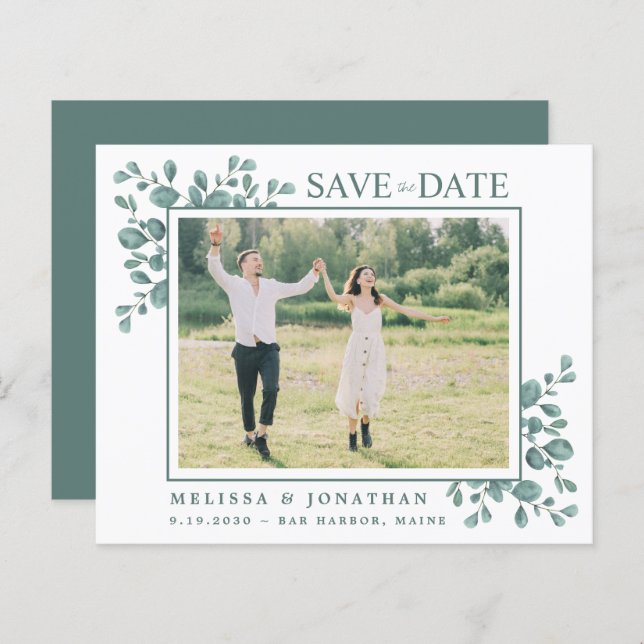 Budget Photo Eucalyptus Greenery QR Code Save Date (Front/Back)