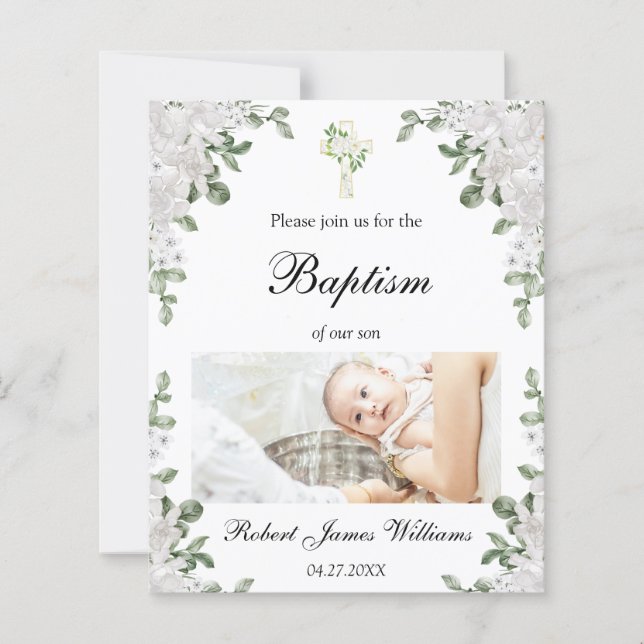 Budget Photo Floral Christening Baptism Invitation (Front)