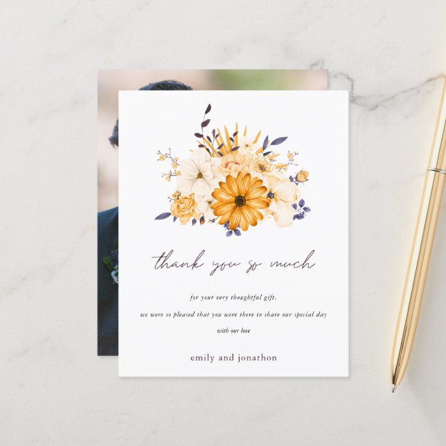 Budget Photo Floral Yellow Wedding Thank You  (Front/Back In Situ)