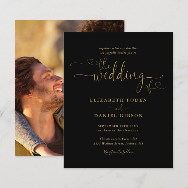 Budget Photo Gold Hearts Script Wedding Invitation (Front/Back)