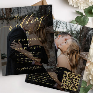 Budget photo gold QR code RSVP wedding invitation