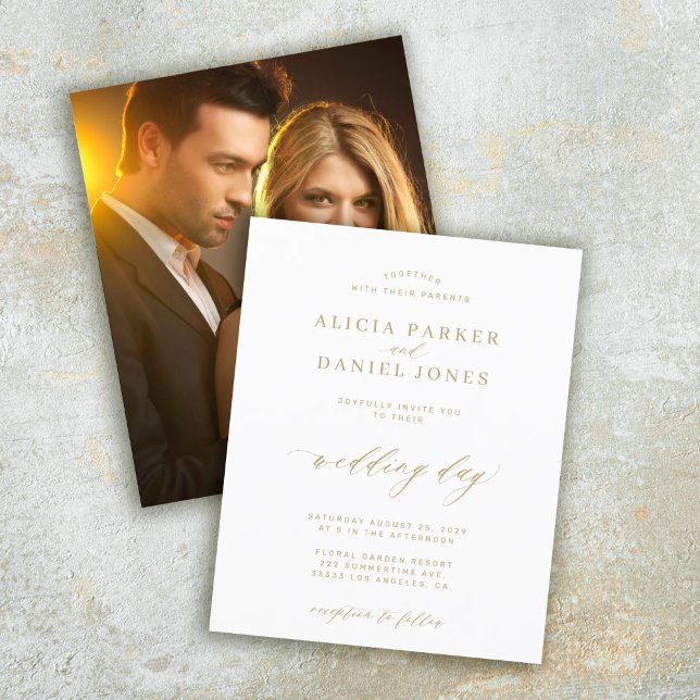 Budget photo gold script wedding invitation (Creator Uploaded)