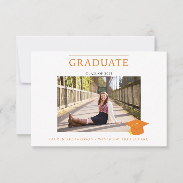 Budget Photo Graduation Party Orange & White Invitation (Front)