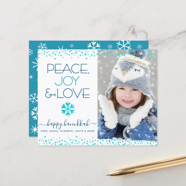 Budget Photo Hanukkah Peace Love Snowflake Card (Front/Back In Situ)
