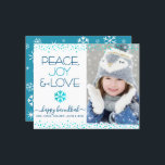 Budget Photo Hanukkah Peace Love Snowflake Card<br><div class="desc">“Peace, joy & love.” A fun, playful, turquoise blue faux foil snowflake illustration, confetti dots, and turquoise and navy blue modern typography on a clean, white background, along with the custom photo of your choice, help you usher in the Hanukkah season. A random white snowflake pattern overlays turquoise blue on...</div>