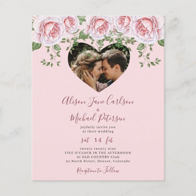 Budget photo heart pink floral wedding Invitation (Front)