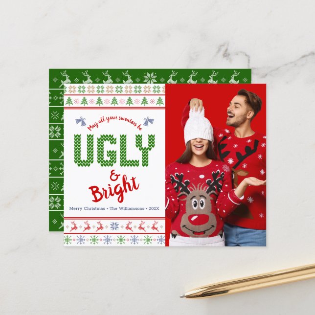 Budget Photo Holiday Ugly Sweater Red Green Card (Front/Back In Situ)