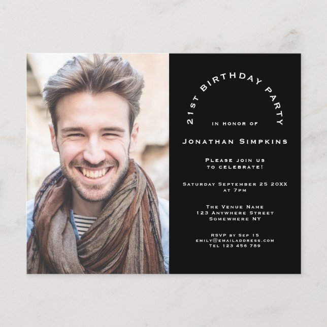 Budget Photo Man 21st Birthday Party Black Invite (Front)