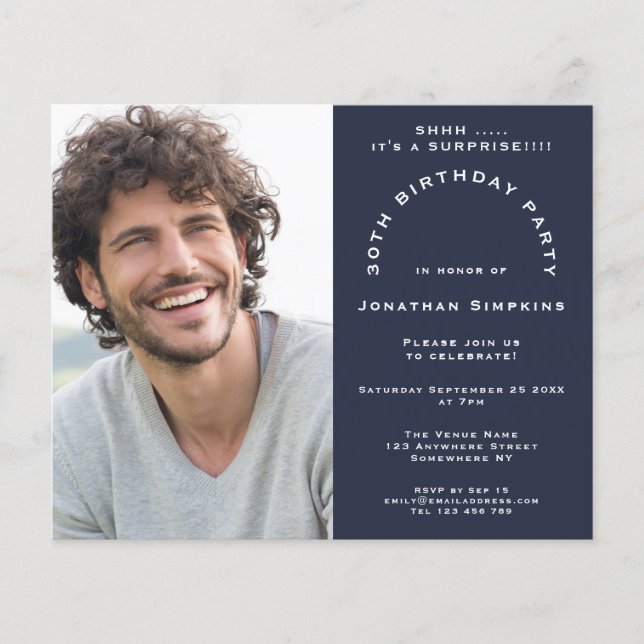 Budget Photo Man 30th Surprise Party Navy Invite (Front)