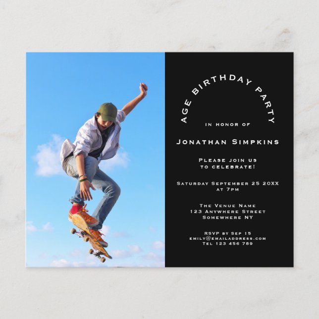 Budget Photo Man Any Age Birthday Black Invite (Front)