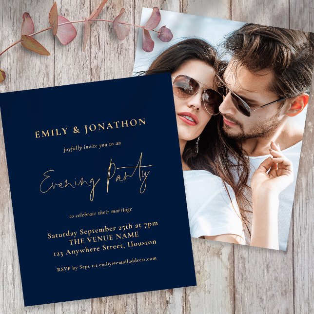 Budget Photo Navy Gold Wedding Evening Invite (Front and Back View)