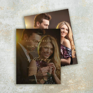Budget photo overlay gold wedding invitation