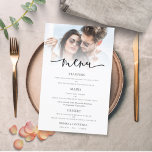 Budget Photo Overlay Script Wedding Menu<br><div class="desc">Budget Photo Overlay Script Wedding Menu. An informal set typography in black for the main heading Menu complementing the rest of the text which you can easily personalize. Replace the sample photo with your own favorite.</div>