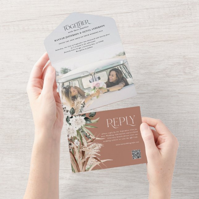Budget photo pampas eucalyptus wedding QR code All All In One Invitation (Tearaway)