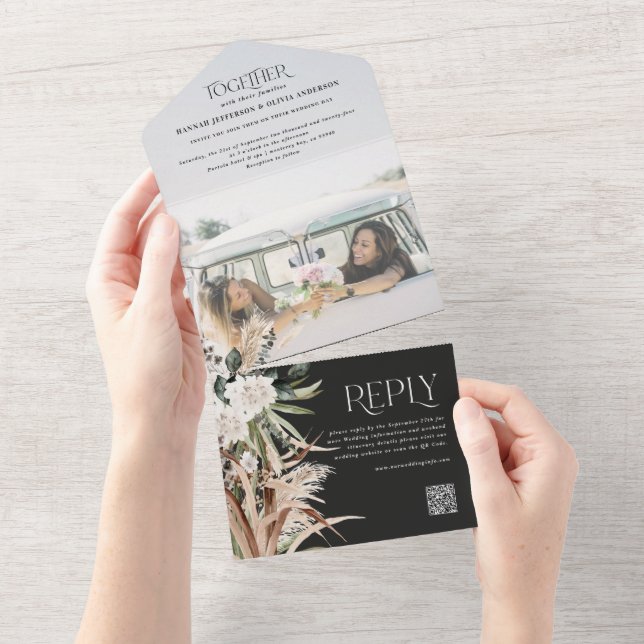 Budget photo pampas eucalyptus wedding QR code All All In One Invitation (Tearaway)