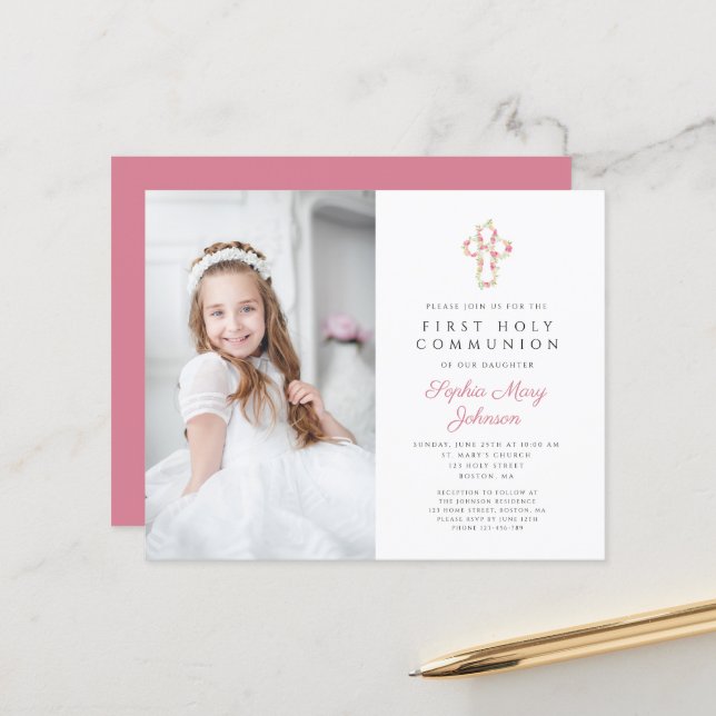Budget Photo Pink Floral Cross First Communion (Front/Back In Situ)