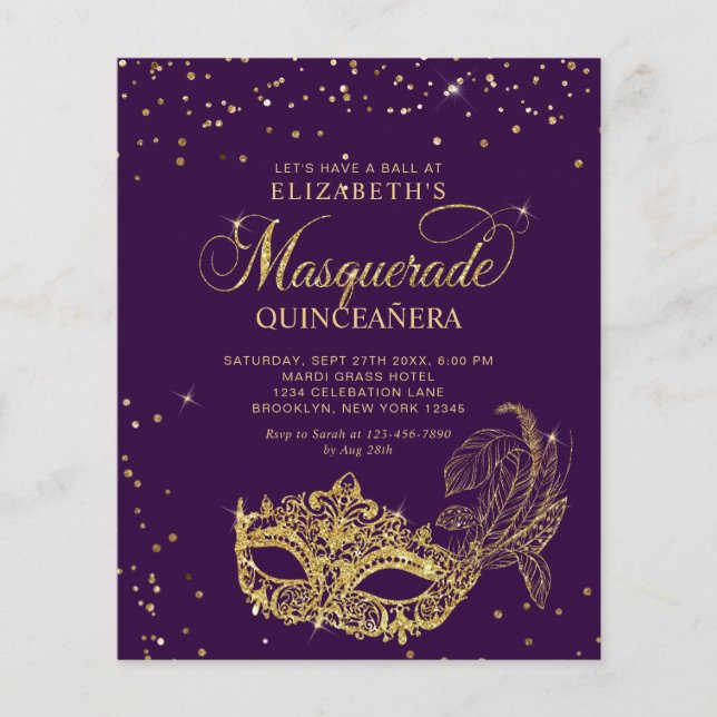 BUDGET Photo Purple Gold Masquerade Quinceañera (Front)