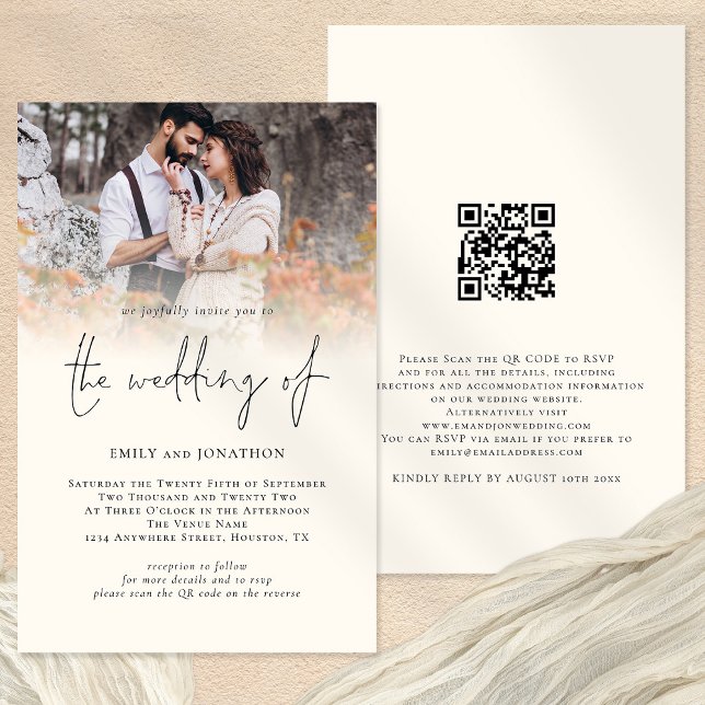 Budget Photo QR Code Script Cream Wedding Invite (Front and back view. Larger budget price alternative)