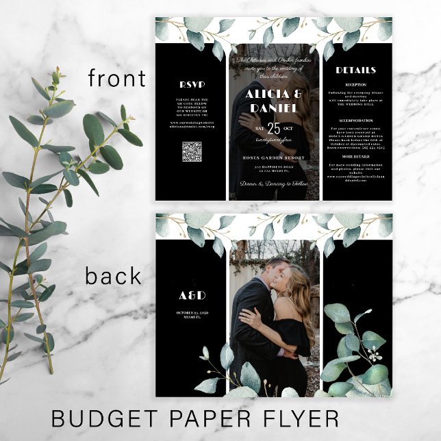Budget photo rsvp details tri fold black wedding  flyer (The size of the invitation is 8.5" x 11")