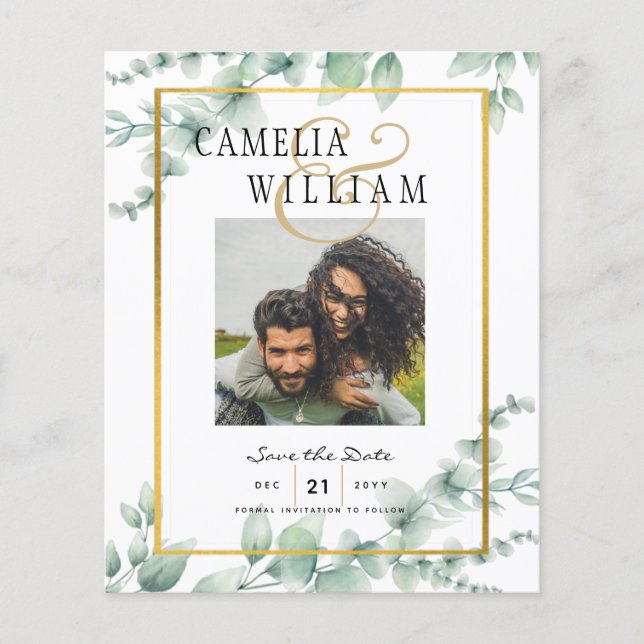 BUDGET PHOTO SAVE DATE Eucalyptus GOLD QR CODE Flyer (Front)