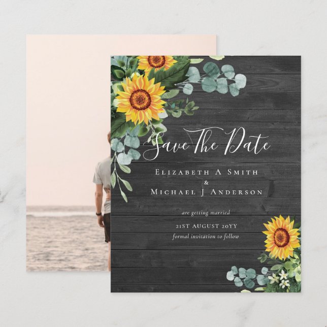 BUDGET  Photo Save Date Rustic SUNFLOWERS Greenery (Front/Back)