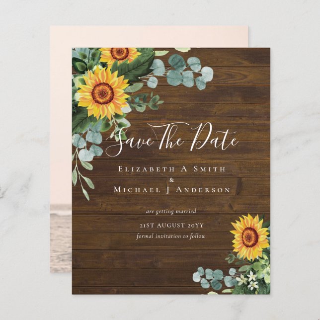 BUDGET  Photo Save Date Rustic SUNFLOWERS Greenery (Front/Back)