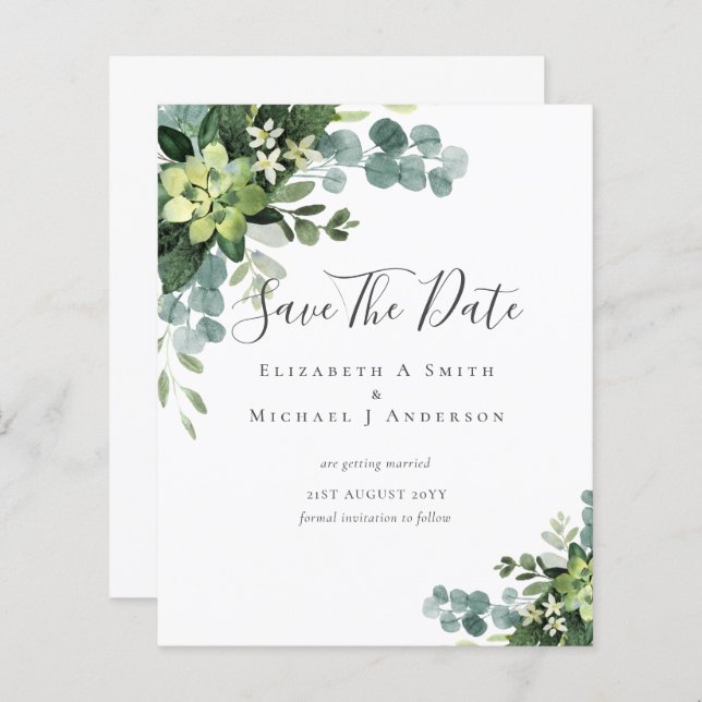 BUDGET Photo Save Dates Eucalyptus Greenery Leaves (Front/Back)