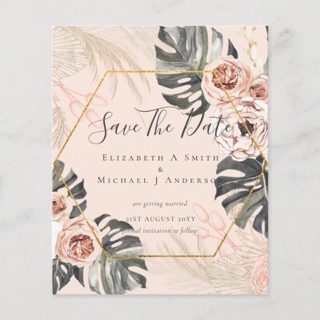 BUDGET Photo Save Dates PAMPAS Coral Tropical Flyer (Front)