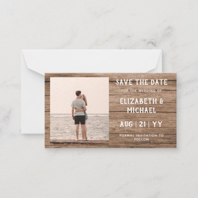 BUDGET Photo Save Dates Rustic Wood Note Car Card (Front)