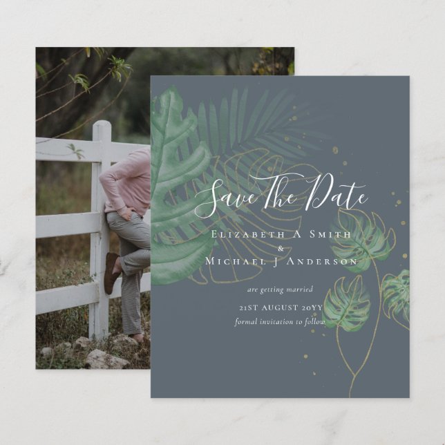 BUDGET Photo SAVE DATES Topical Leaves Gold (Front/Back)