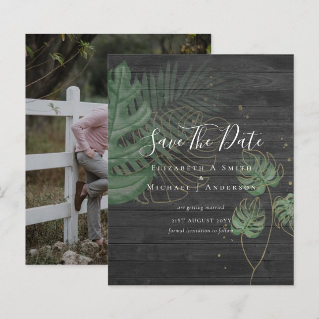 BUDGET Photo SAVE DATES Topical Leaves Gold (Front/Back)