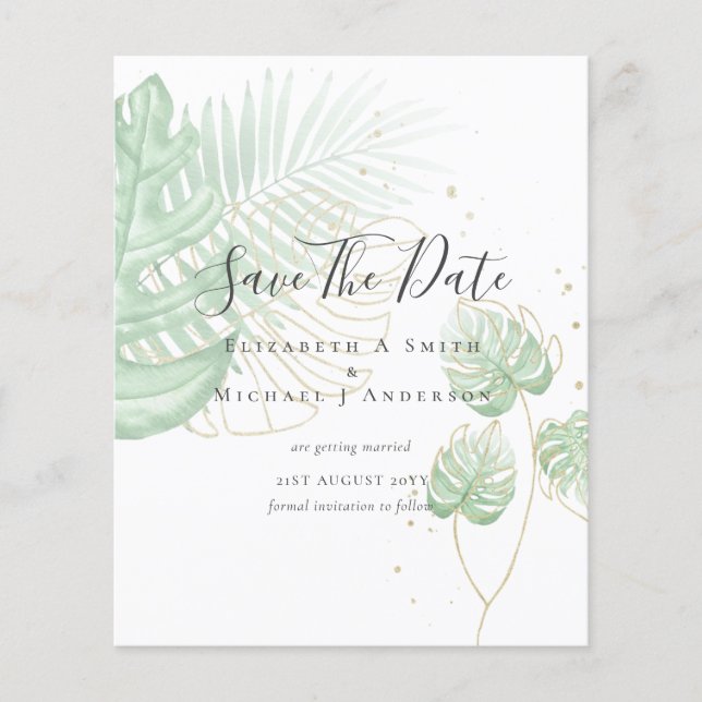 BUDGET Photo SAVE DATES Topical Leaves Gold Flyer (Front)